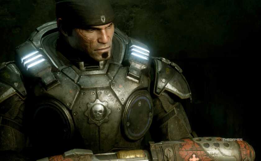Marcus Fenix holding a hammerburst in Gears of War Reloaded.