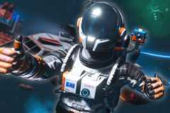 TG No Man's Sky Voyagers Update Astronaut Close Up In New Skyborn Suit Giving Thumbs Up In Space By New Corvette Ship.